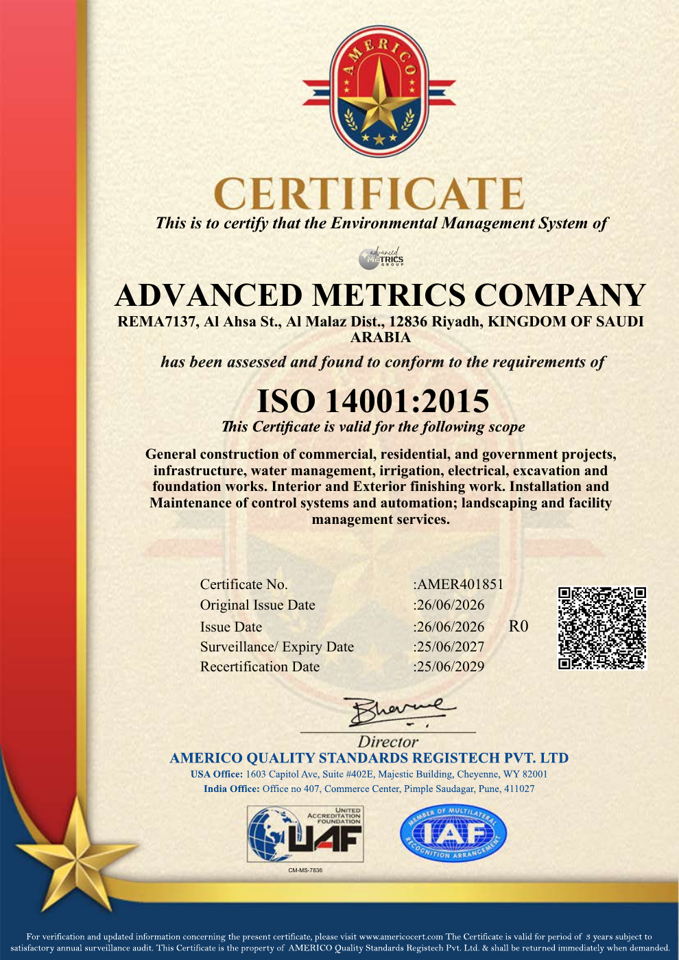 ISO 14001 certificate — Advanced Metrics Company