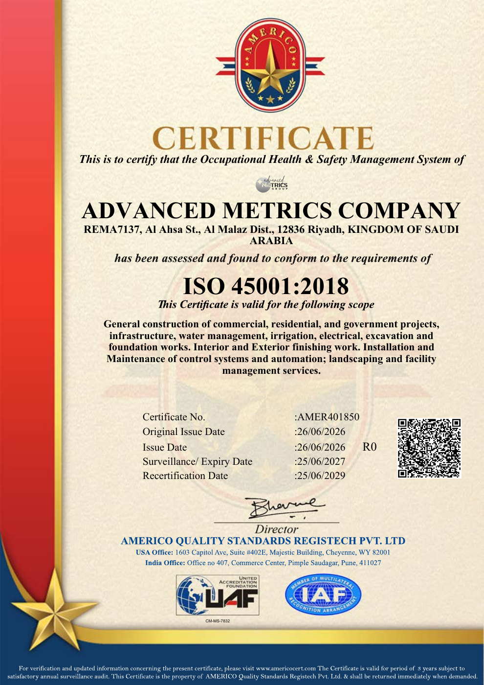ISO 45001 certificate — Advanced Metrics Company