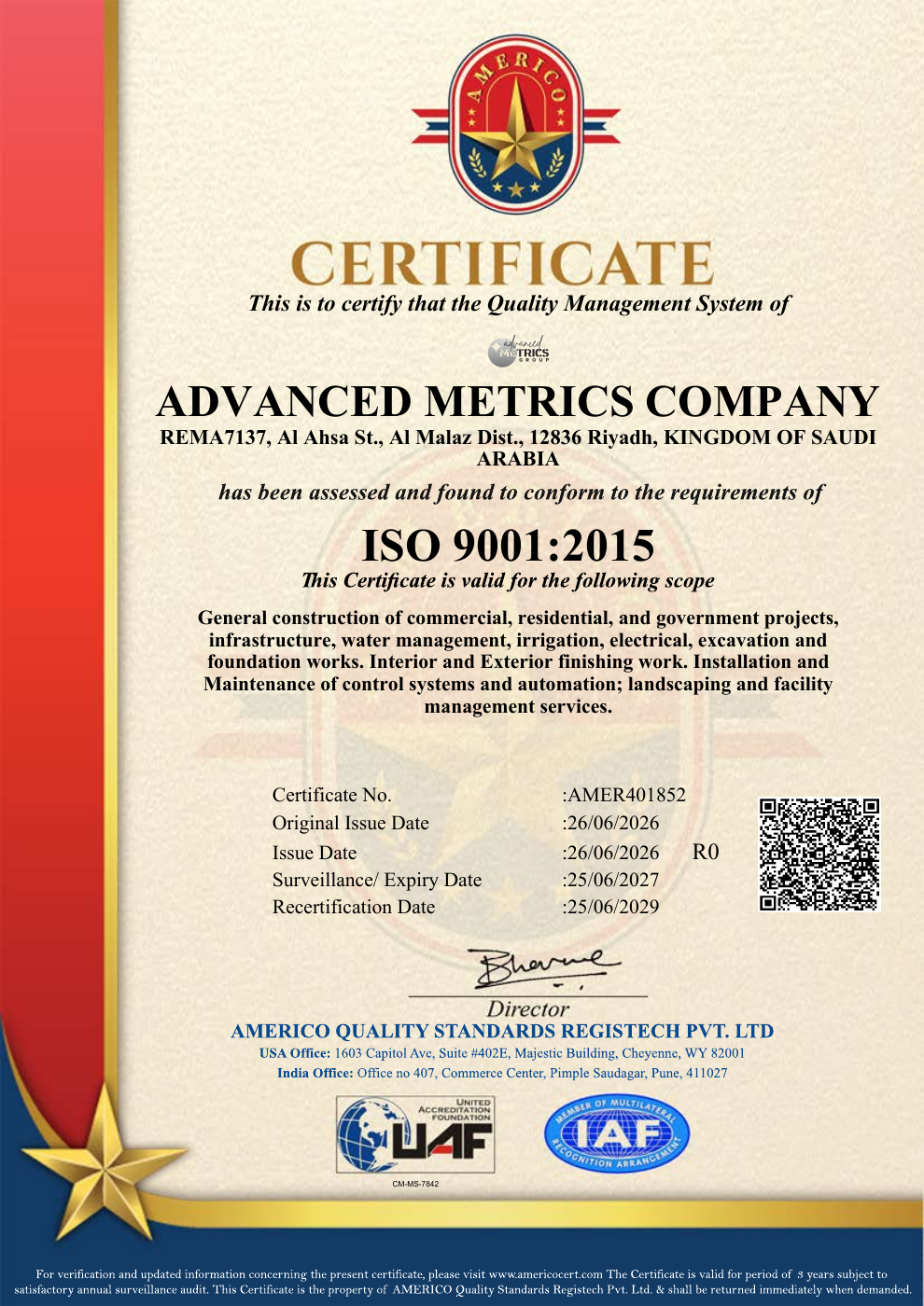 ISO 9001 certificate — Advanced Metrics Company